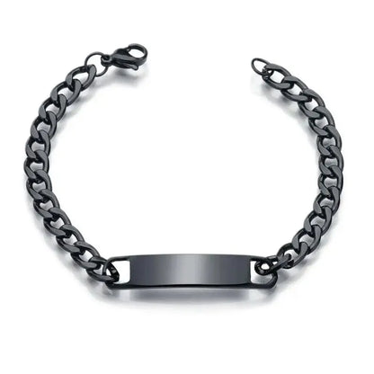 Blank black nameplate bracelet arched open on a white background