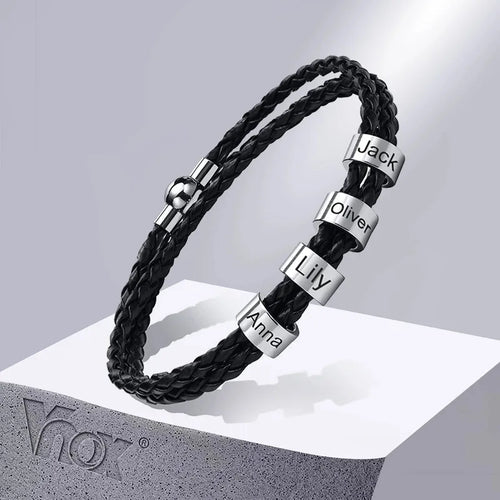 Lineage bracelet with five stainless steel beads engraved with family names