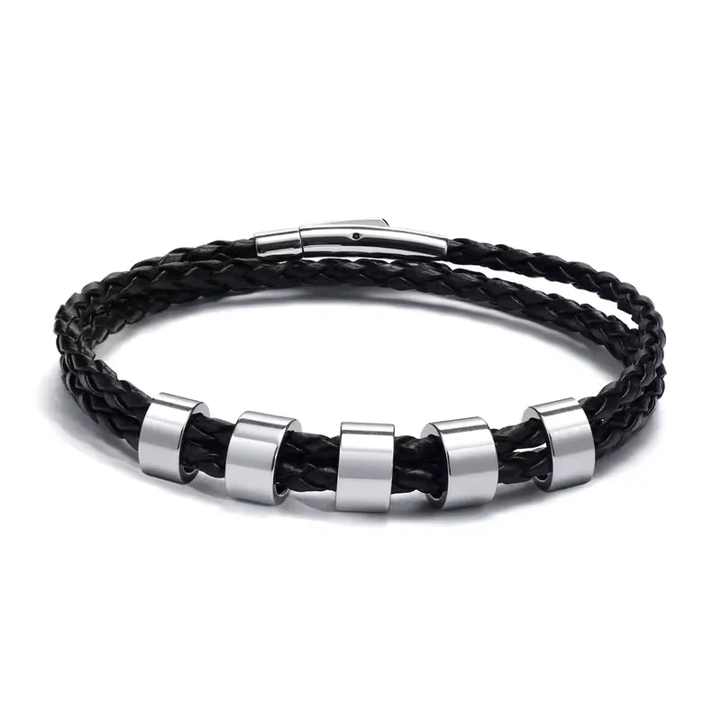 Lineage bracelet with five blank stainless steel beads, ready for engraving
