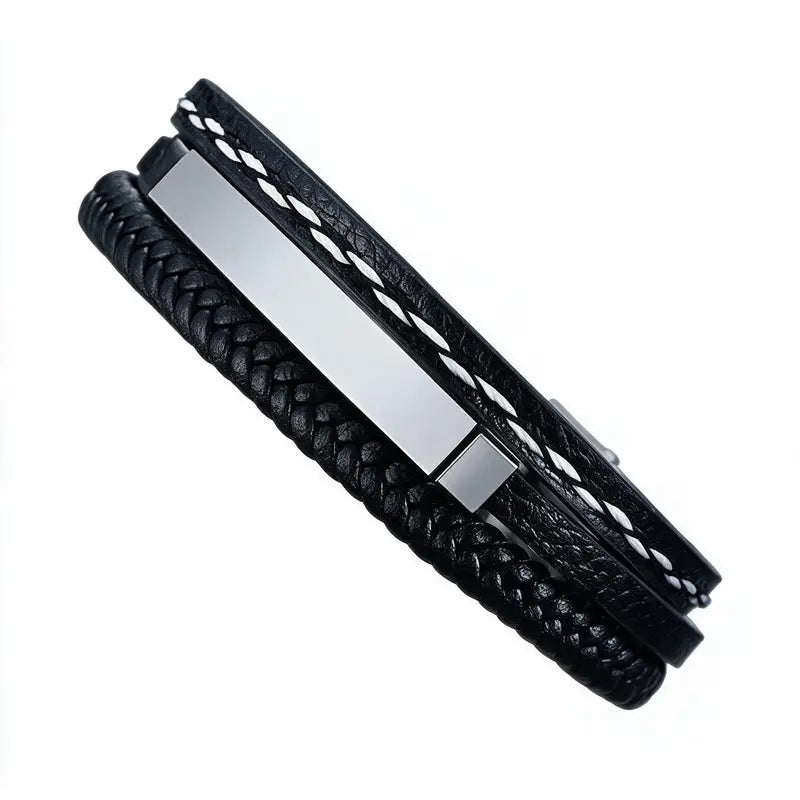 Marlin braided leather bracelet with blank silver ID plate, on a plain white background.