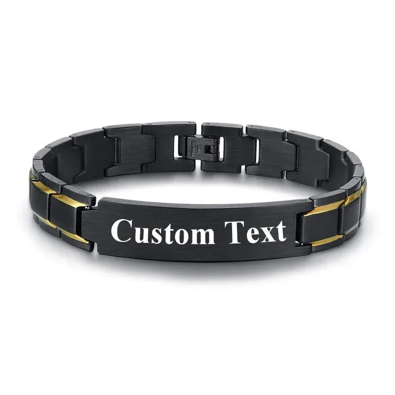 Customised Men's Bracelet – Marshal Line Watch-Band Bracelet in Gold Line Black with a "Custom Text" engraving demo.
