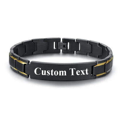 Customised Men's Bracelet – Marshal Line Watch-Band Bracelet in Gold Line Black with a "Custom Text" engraving demo.