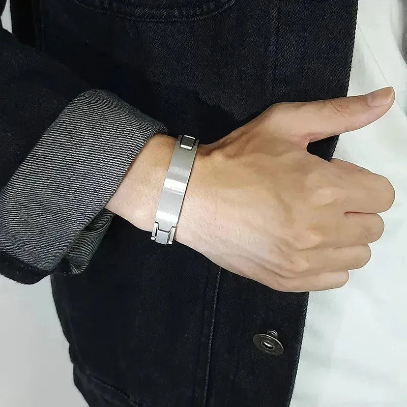 Man wearing the Customised Men's Bracelet – Marshal Line Watch-Band Bracelet in the Silver finish.
