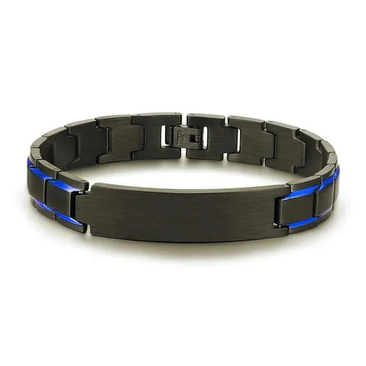 Customised Men's Bracelet – Marshal Line Watch-Band Bracelet in the Blue Line Black finish with a blank plate.