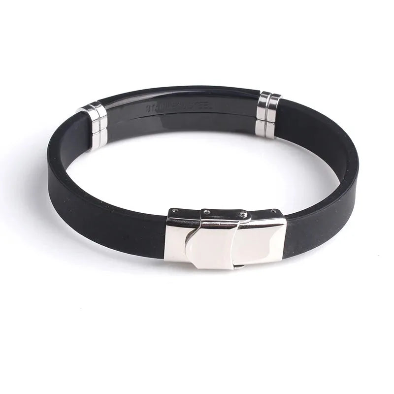 Onyx black silicone bracelet showing the stainless steel clasp detail