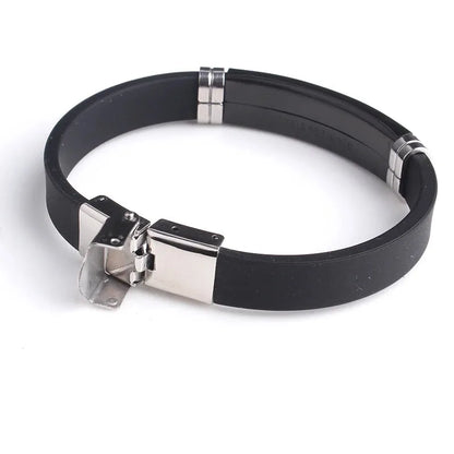 Onyx silicone bracelet with clasp open, showing the closure mechanism