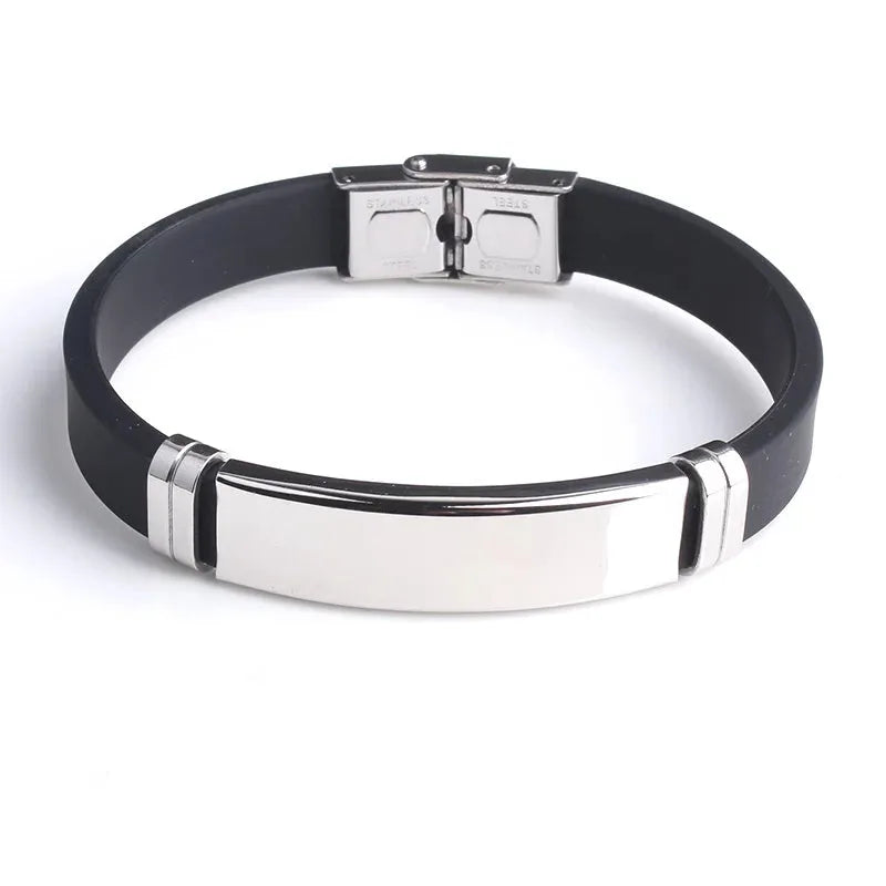 Onyx silicone bracelet with blank silver stainless steel ID plate