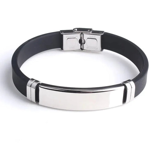 Onyx silicone bracelet with blank silver stainless steel ID plate