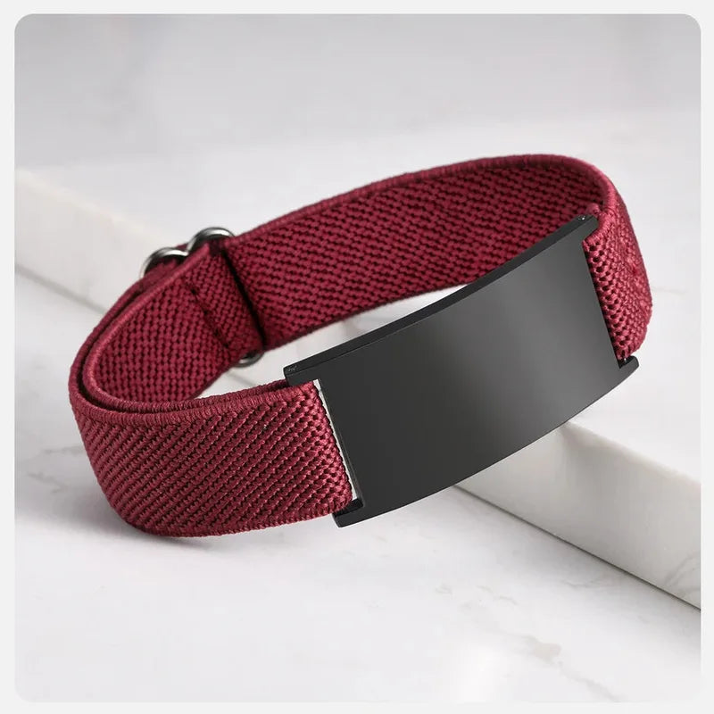 Pulse elastic ID bracelet in wine with black-finish plate