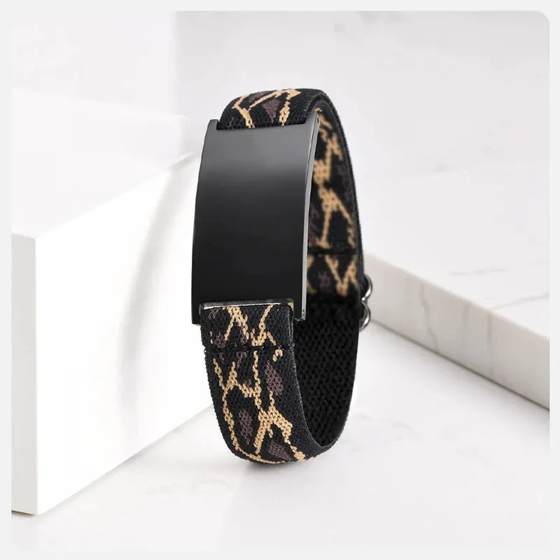 Pulse elastic ID bracelet in leopard print with black-finish plate