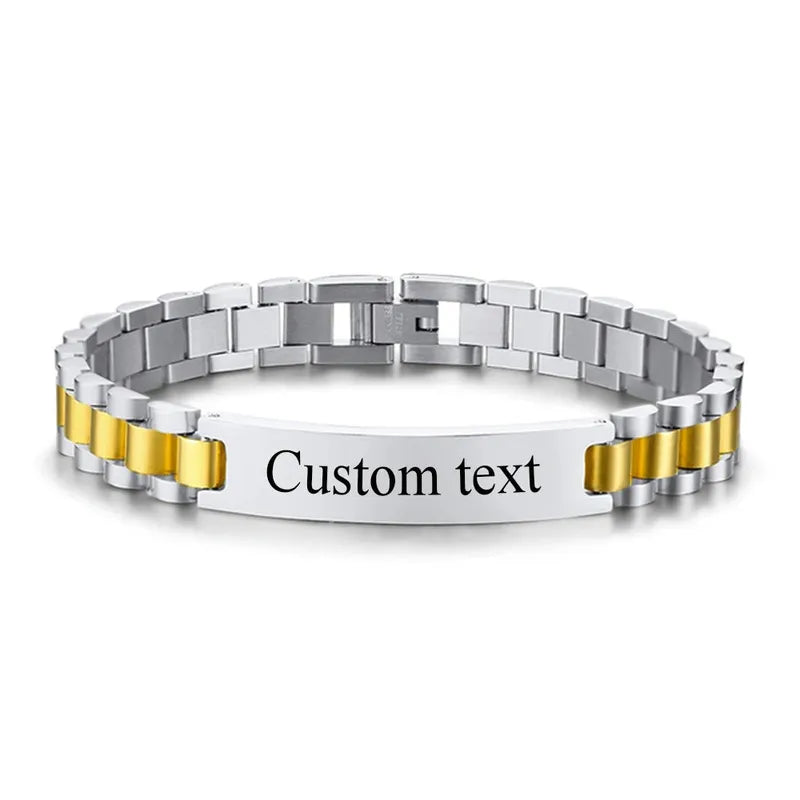 Customised Men's Bracelet – Regent Link Watch-Band Bracelet in Gold Silver two-tone with a "Custom text" engraving demo on the plate.