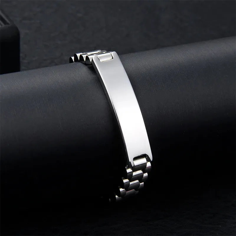 Customised Men's Bracelet – Regent Link Watch-Band Bracelet in the Silver finish on a dark background.