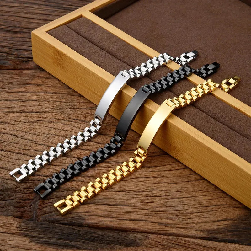 Silver, Black and Gold versions of the Customised Men's Bracelet – Regent Link Watch-Band Bracelet shown together.