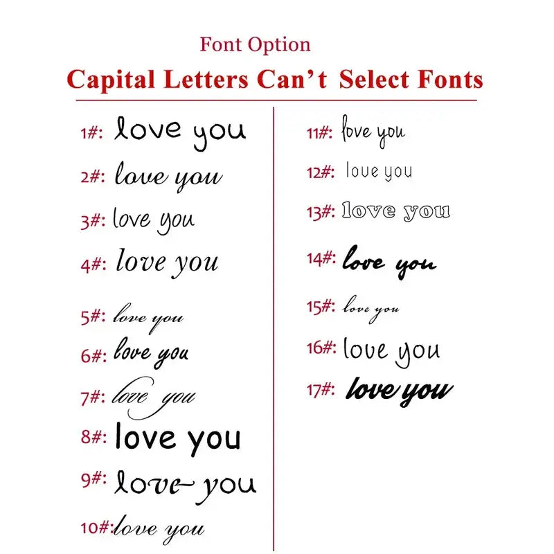 Regent link watch band bracelet font option chart for engraving