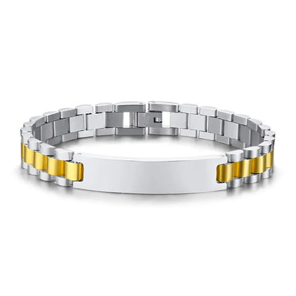 Customised Men's Bracelet – Regent Link Watch-Band Bracelet in Gold Silver two-tone with a blank ID plate.