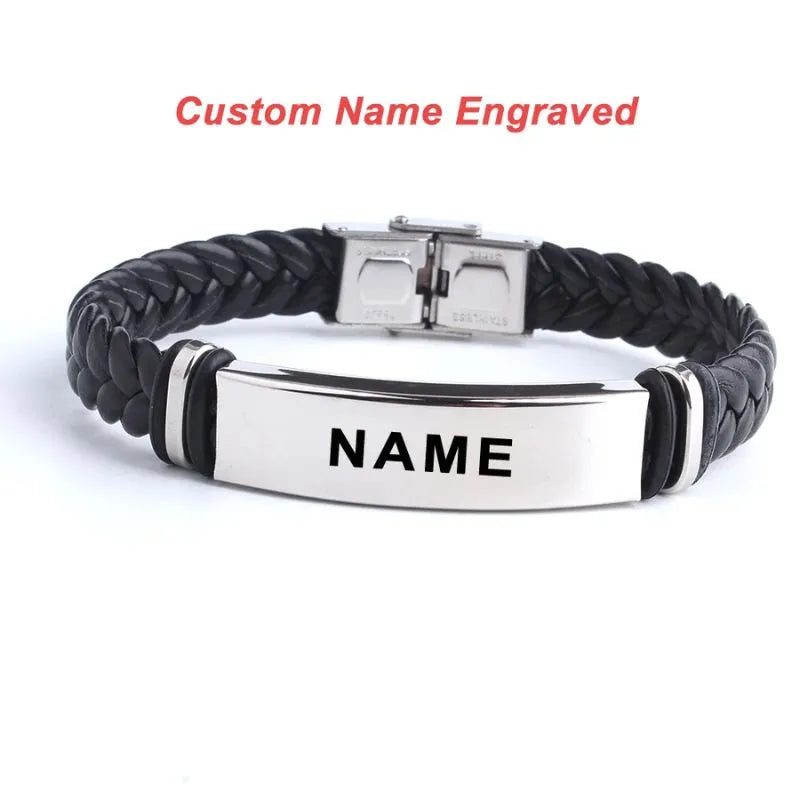 Customised Men's Bracelet – Sentinel Leather ID Bracelet with "NAME" engraved on the stainless steel nameplate