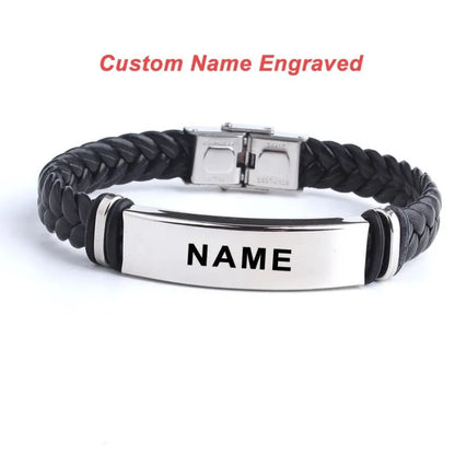 Customised Men's Bracelet – Sentinel Leather ID Bracelet with "NAME" engraved on the stainless steel nameplate