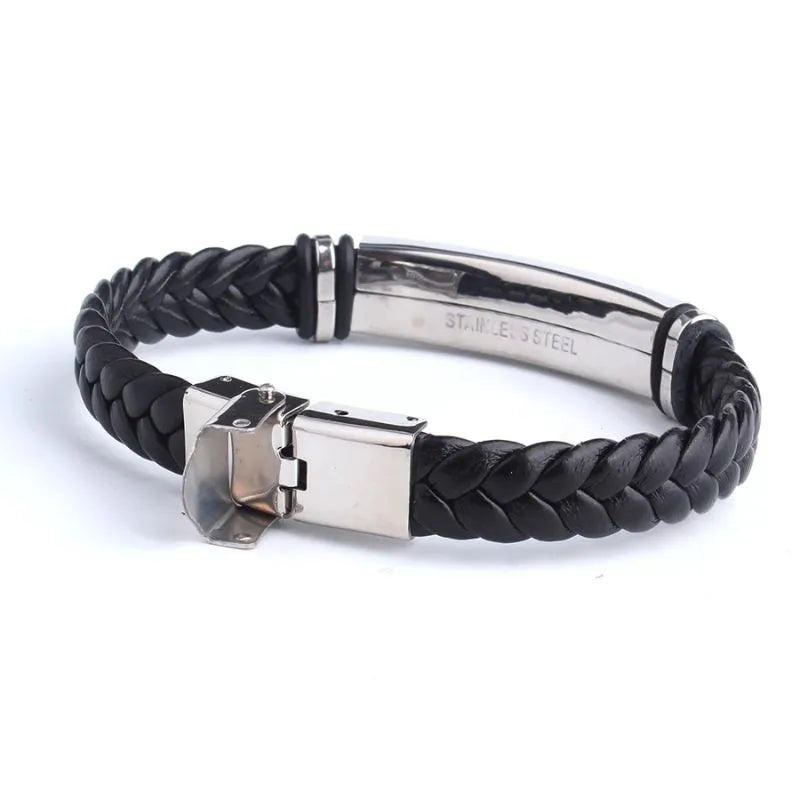 Side view of the Customised Men's Bracelet – Sentinel Leather ID Bracelet showing the rounded stainless steel clasp and blank nameplate.