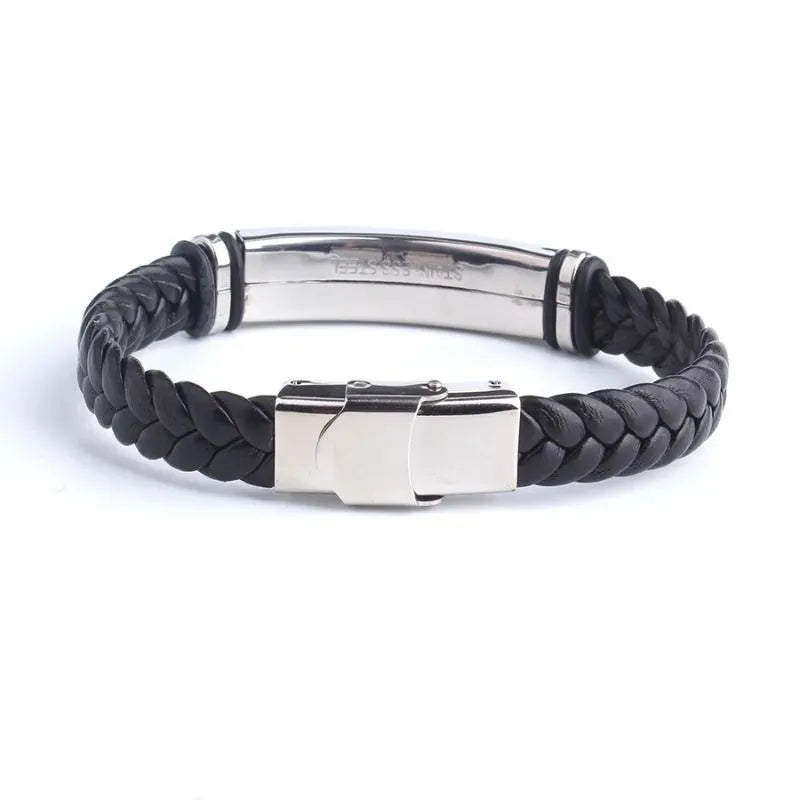 Close-up of the stainless steel toggle clasp on the Customised Men's Bracelet – Sentinel Leather ID Bracelet, shown with a blank engraving plate.