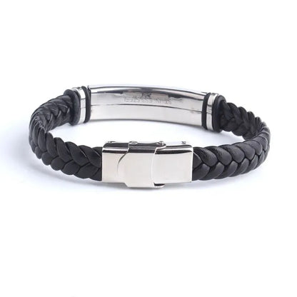 Close-up of the stainless steel toggle clasp on the Customised Men's Bracelet – Sentinel Leather ID Bracelet, shown with a blank engraving plate.