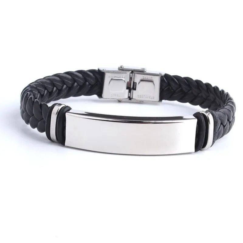 Customised Men's Bracelet – Sentinel Leather ID Bracelet in black braided leather with a blank stainless steel plate ready for engraving.
