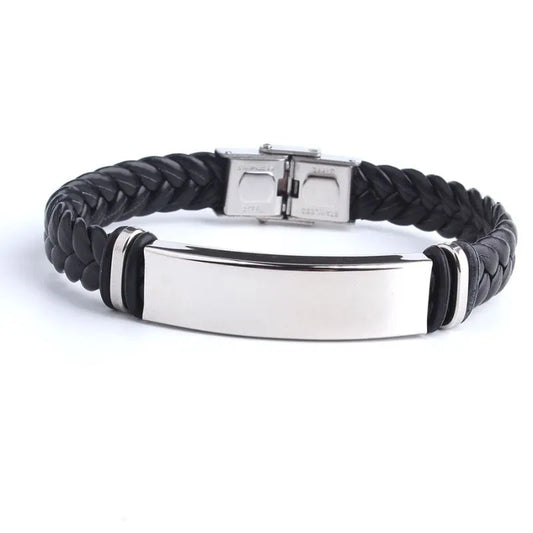 Customised Men's Bracelet – Sentinel Leather ID Bracelet in black braided leather with a blank stainless steel plate ready for engraving.