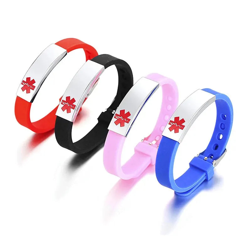 Customised Men's Bracelet – Sentry Medical Alert Bracelet shown in all four colours: Black, Blue, Pink and Red.