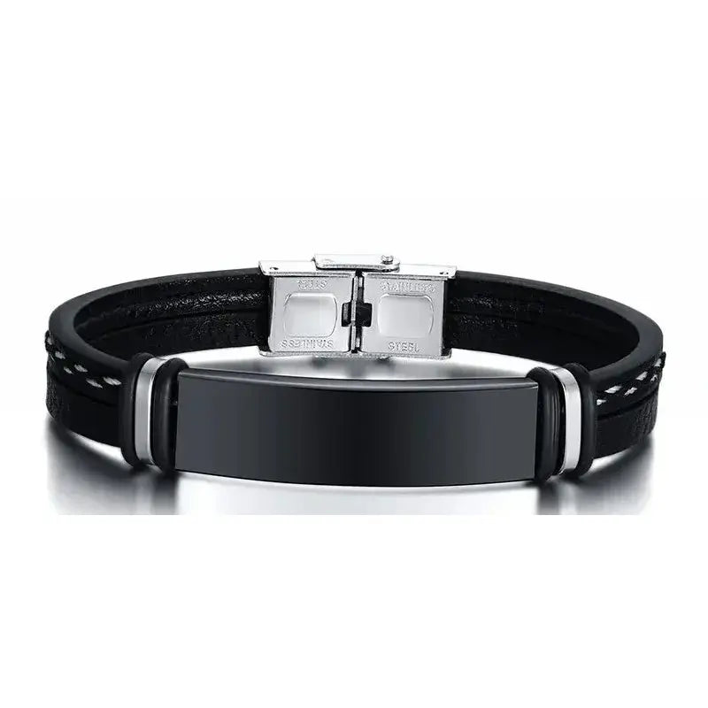Slate leather bracelet with black ID plate, product photo on white background.
