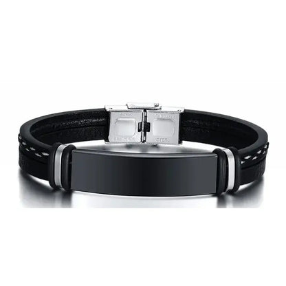 Slate leather bracelet with black ID plate, product photo on white background.