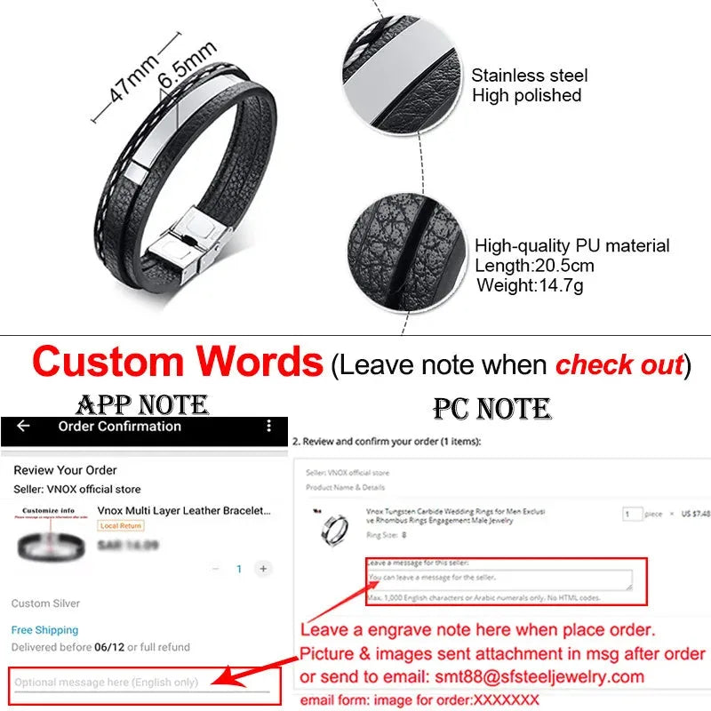 Tailor stitched leather bracelet with silver ID plate and dimensions