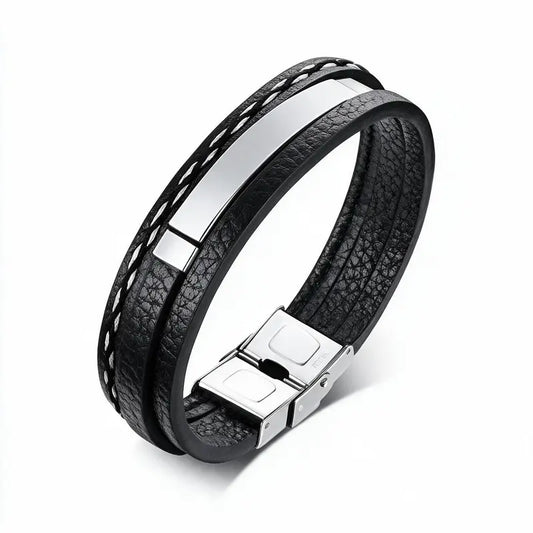 Tailor stitched leather bracelet with blank silver ID plate, on a plain white background.