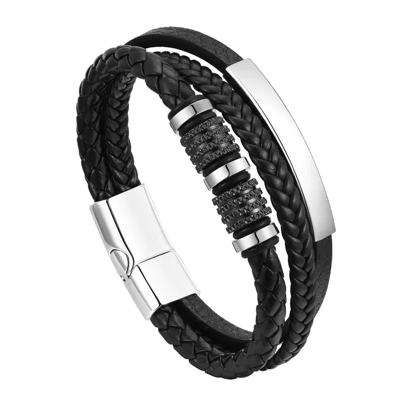Customised Men's Bracelet – Vanguard Braided Leather Bracelet in the Silver finish with a stainless steel ID bar.