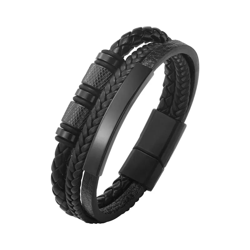 Customised Men's Bracelet – Vanguard Braided Leather Bracelet in the Black finish with a stainless steel ID bar.