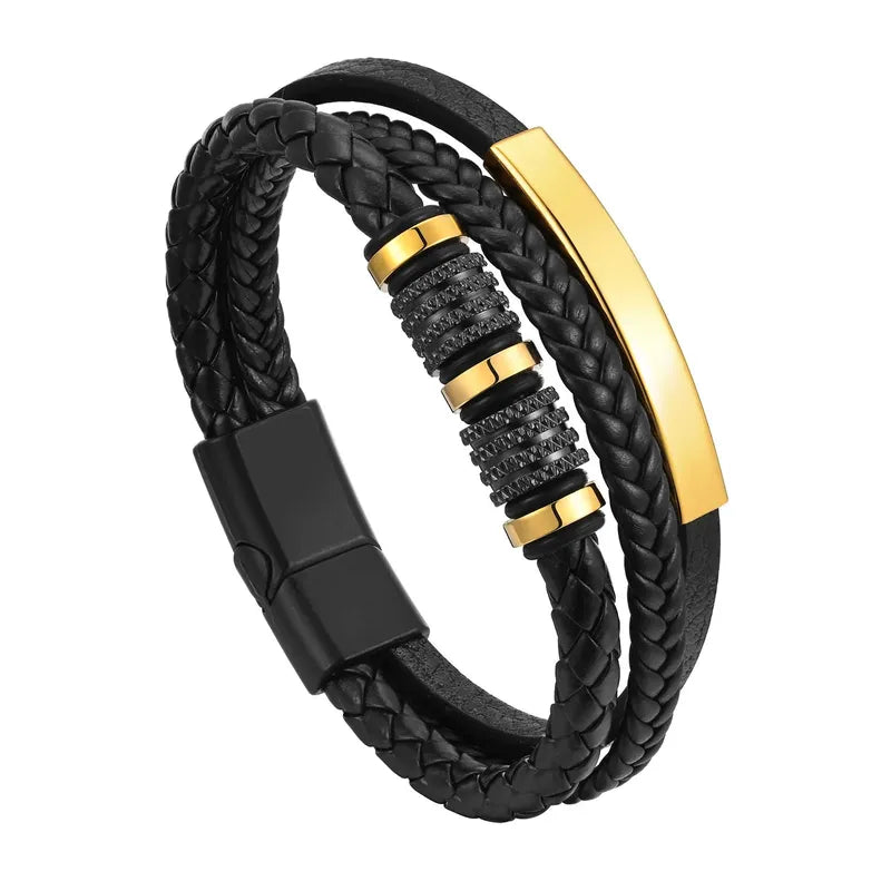 Customised Men's Bracelet – Vanguard Braided Leather Bracelet, Gold Classic finish with a black-tone clasp.