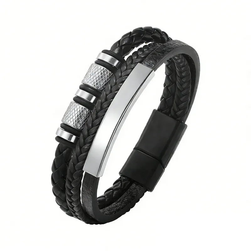 Customised Men's Bracelet – Vanguard Braided Leather Bracelet, Black Silver Classic finish with a black-tone clasp.