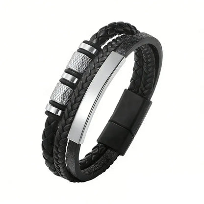 Customised Men's Bracelet – Vanguard Braided Leather Bracelet, Black Silver Classic finish with a black-tone clasp.