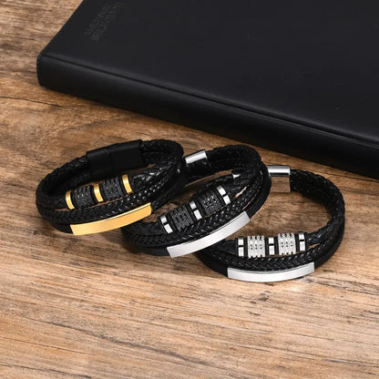 Gold, Black and Silver versions of the Customised Men's Bracelet – Vanguard Braided Leather Bracelet shown together.