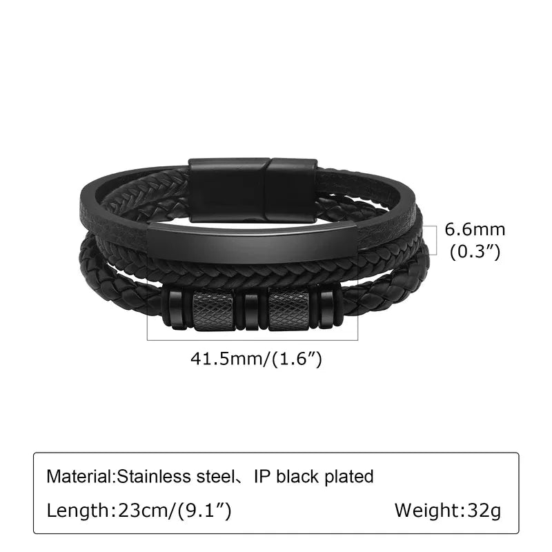 Customised Men's Bracelet – Vanguard Braided Leather Bracelet, Black finish, with dimensions and material specifications.