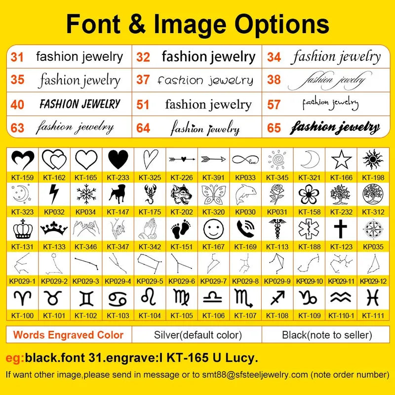 Font and symbol options chart for personalising the engraving on the Customised Men's Bracelet – Vanguard Braided Leather Bracelet.