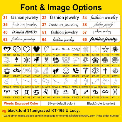 Font and symbol options chart for personalising the engraving on the Customised Men's Bracelet – Vanguard Braided Leather Bracelet.