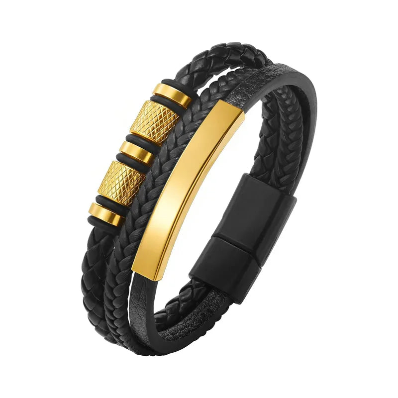 Customised Men's Bracelet – Vanguard Braided Leather Bracelet in the Gold finish with a stainless steel ID bar.