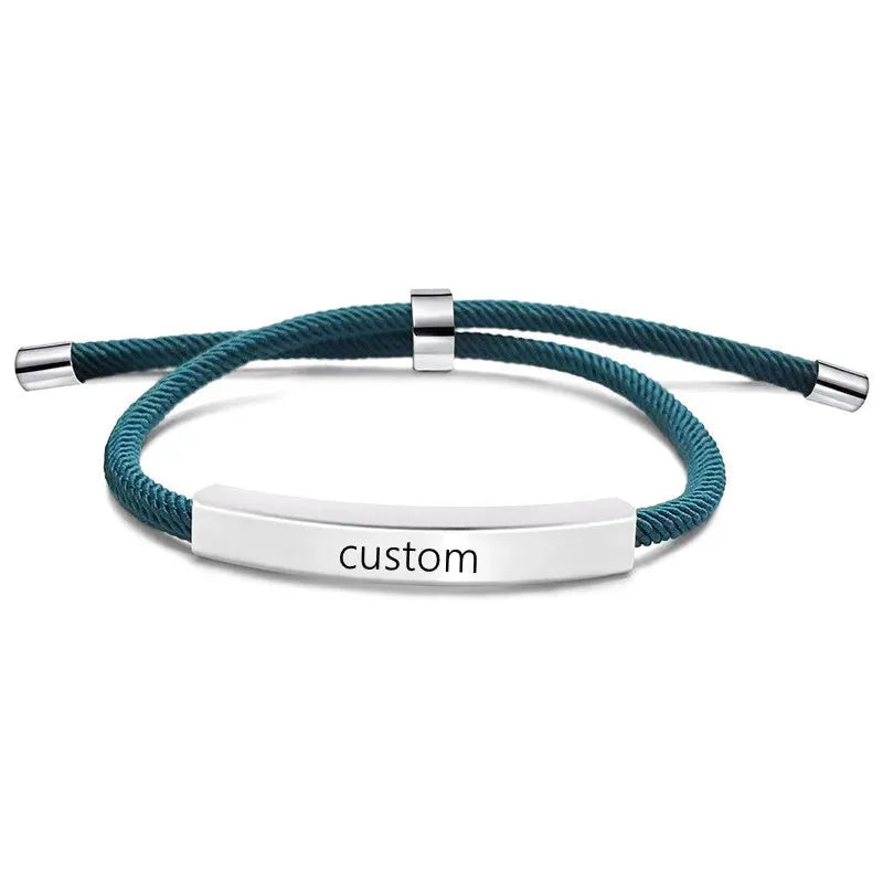 Voyager adjustable cord bracelet in blue with silver-tone nameplate, engraved custom text