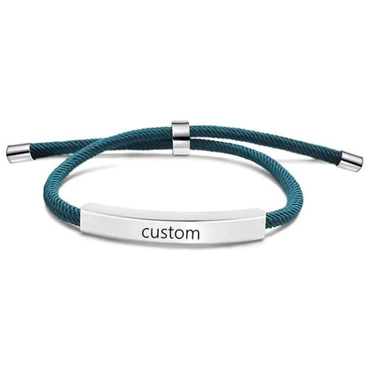 Voyager adjustable cord bracelet in blue with silver-tone nameplate, engraved custom text