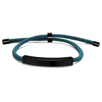 Voyager adjustable cord bracelet in blue with black-tone nameplate