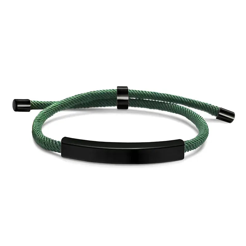 Voyager adjustable cord bracelet in green with black-tone nameplate