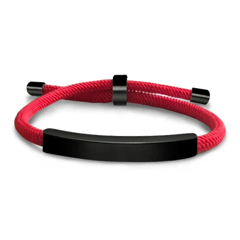 Voyager adjustable cord bracelet in red with black-tone nameplate