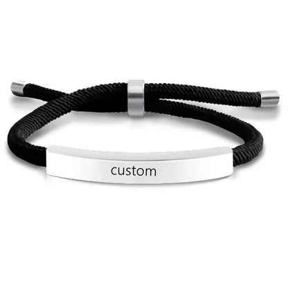 Voyager adjustable cord bracelet in black with silver-tone nameplate, engraved custom text