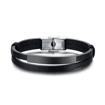 Weave leather bracelet with black ID plate, product photo on white background.