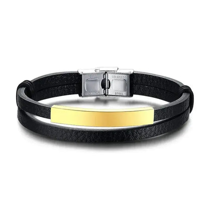 Weave leather bracelet with gold ID plate, product photo on white background.