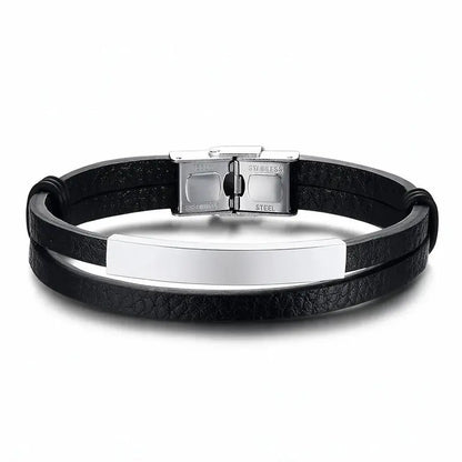 Weave leather bracelet with blank silver ID plate, on a plain white background.